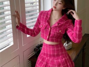 Korean Plaid Blazer & Pleated Skirt Set (Pink)