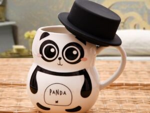 Ceramic Panda Coffee Mug With Black Cap Lid Cute Gift 330ML